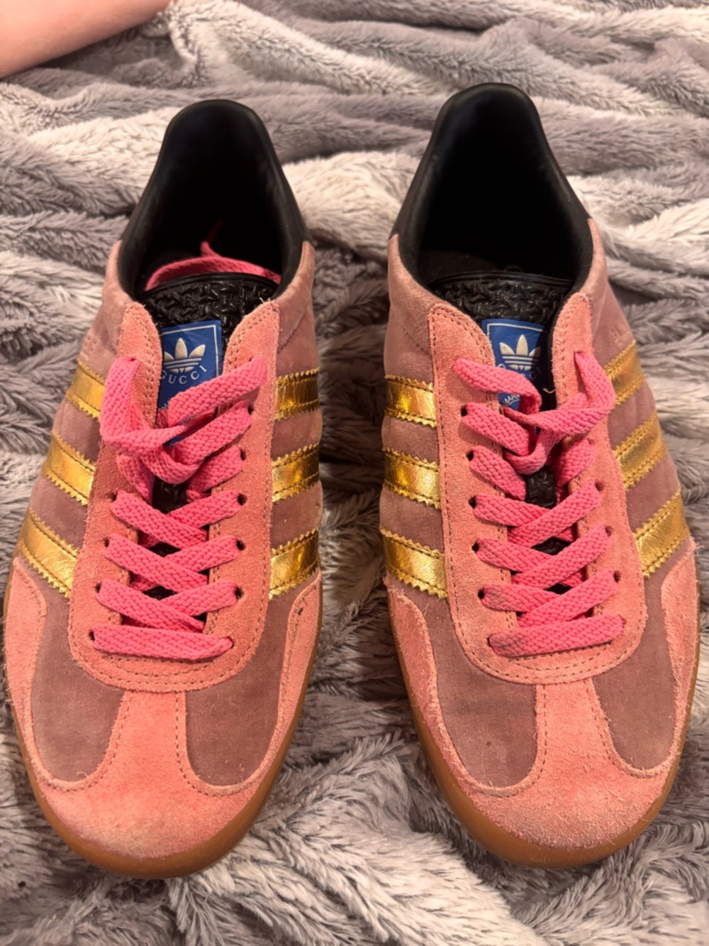 adidas gucci Pink Suede Sneakers with Gold Stripes ! so cute only worn once.